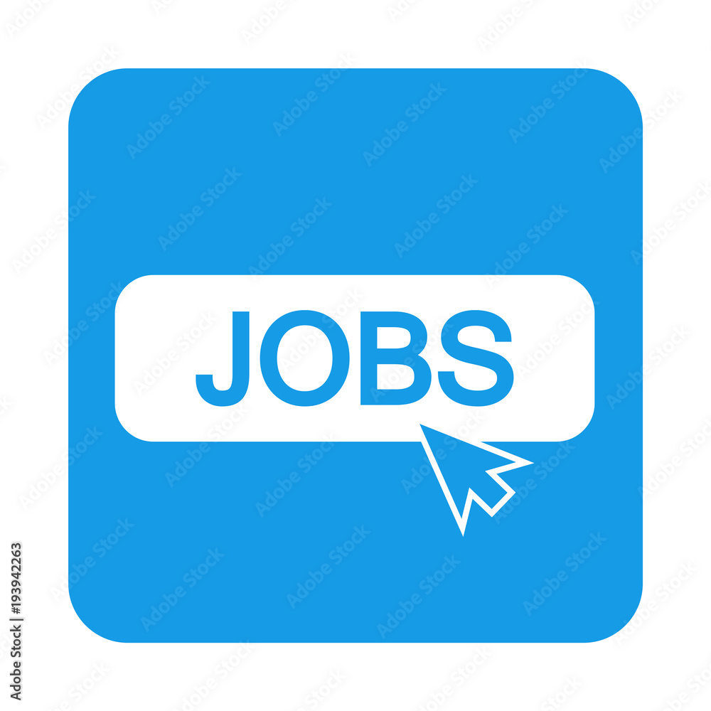 Icono plano puntero en banner JOBS en cuadrado azul Icono plano puntero en banner JOBS en cuadrado azul