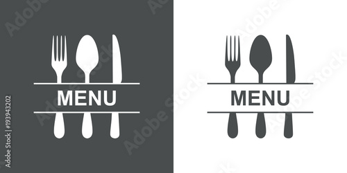 Icono plano MENU en cubiertos en gris y blanco