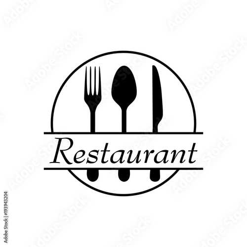 Icono plano Restaurant con cubiertos y circulo en color negro