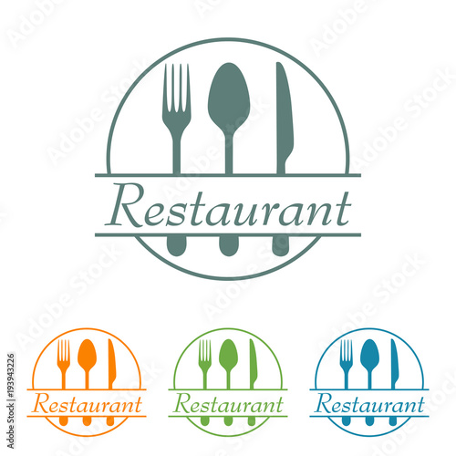 Icono plano Restaurant con cubiertos y circulo en varios colores