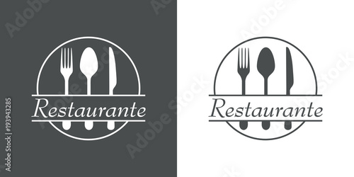 Icono plano Restaurante con cubiertos y circulo en gris y blanco