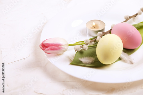 Wallpaper Mural Easter laying table appointments, table setting options. Silverware, tableware items with festive decoration. Fork, knife and flowers. Happy easter holiday. Torontodigital.ca