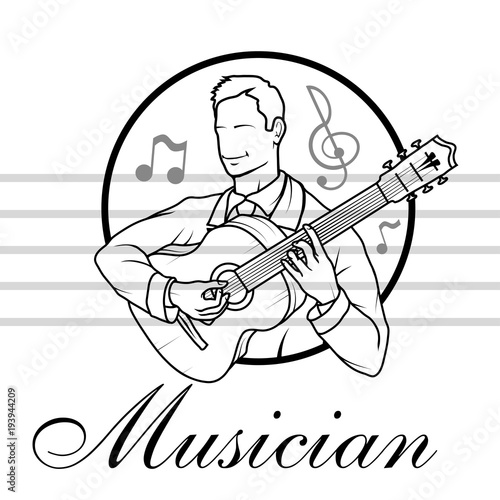 Artists musician Playing. Guitar player. Musician plays the instrument. Musician logo. Musical staff.