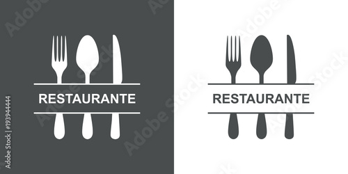 Icono plano RESTAURANTE en cubiertos en gris y blanco