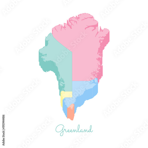 Greenland region map: colorful isometric top view. Detailed map of Greenland regions. Vector illustration.