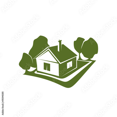 Green sign of house and trees