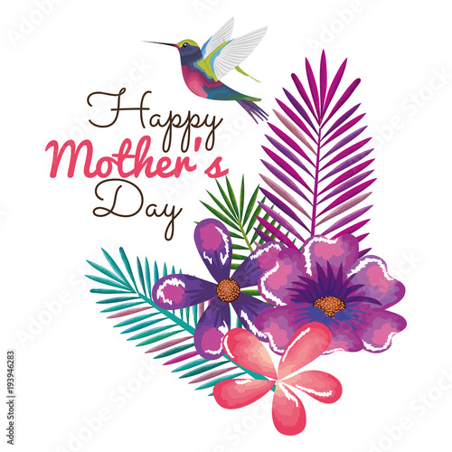 happy mothers day card with hummingbird and floral decoration vector illustration