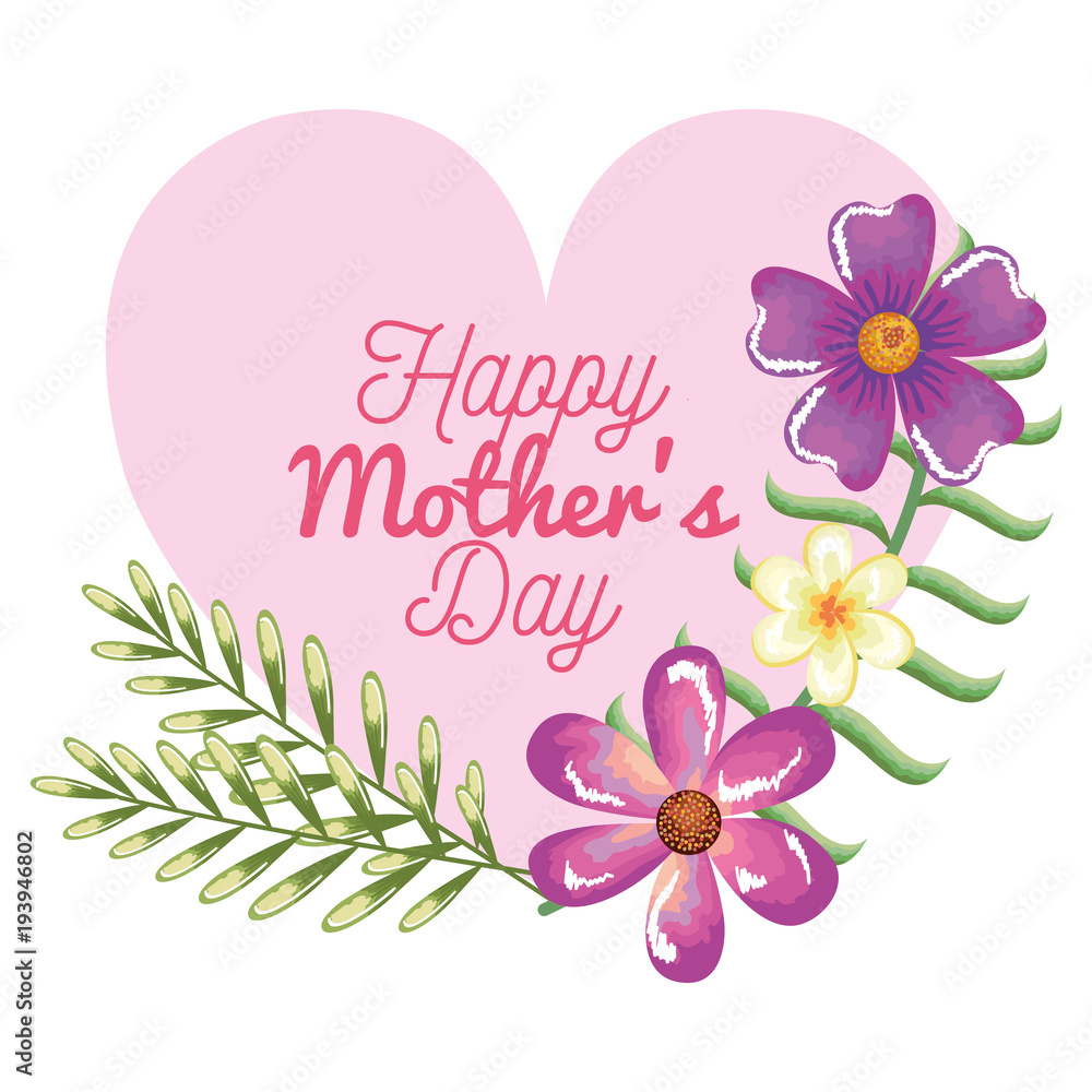 happy mothers day card with heart and floral decoration vector illustration design
