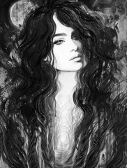 Crédence de cuisine Portrait aquarelle red moon. beautiful woman. fantasy illustration. acrylic painting  © Anna Ismagilova