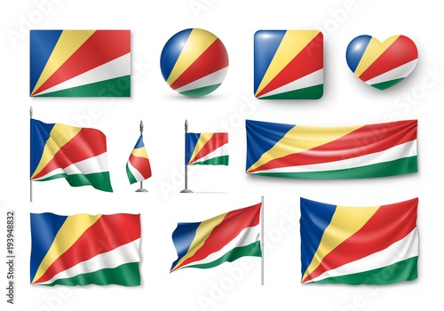 Set Seychelles flags, banners, banners, symbols, realistic icon. Vector illustration of collection of national symbols on various objects and state signs