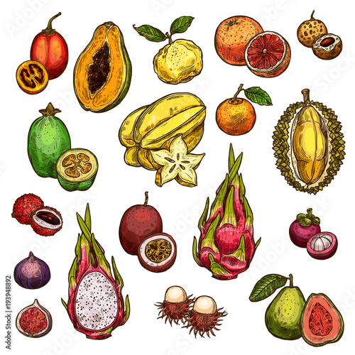 Set of ripe exotic fruits