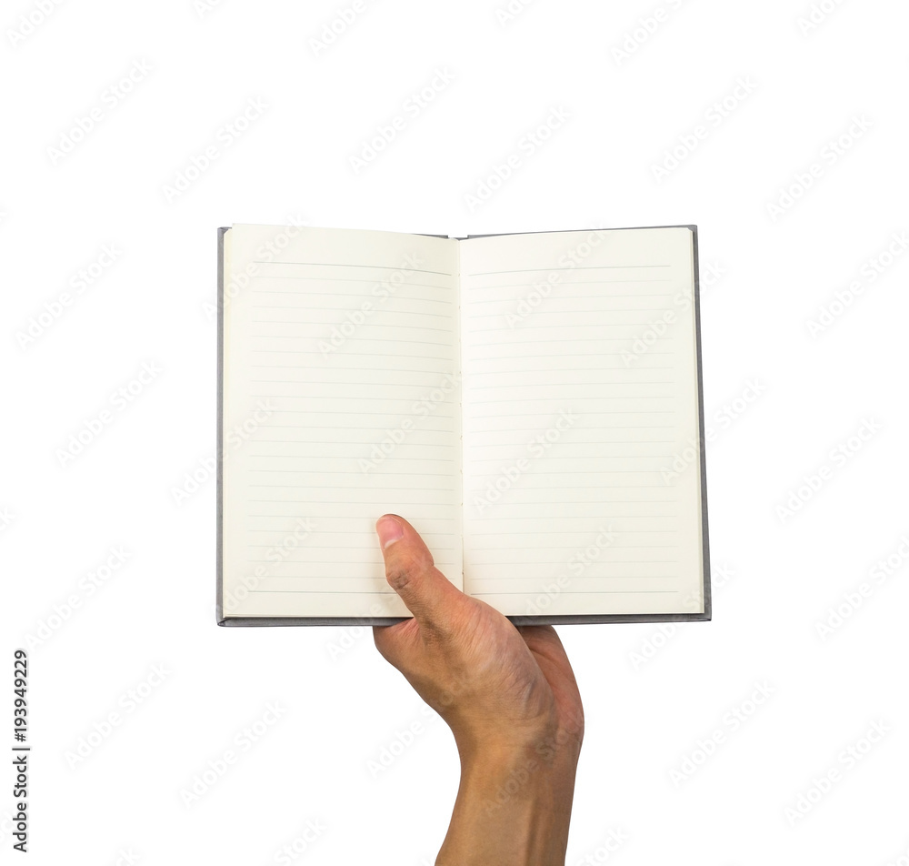 Notebook on one hand holding, with clipping path Notebook on one hand holding, with clipping path