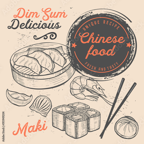 Japanese sushi restaurant menu. Vector chinese dim sum food flyer. Design template with vintage hand-drawn illustrations.