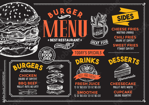 Burger restaurant menu. Vector food flyer for bar and cafe. Design template with vintage hand-drawn illustrations.