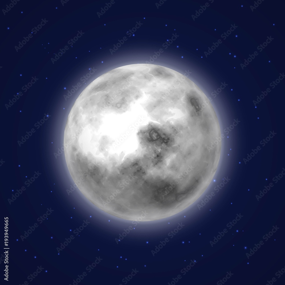 Planet moon background night sky cartoon style. Earth satellite with stars around. Celestial body. Vector illustration