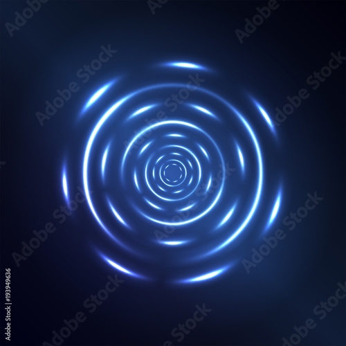 Vector abstract neon light effect blue circles background. Glowing decorative swirl effect, luminous rings on black. Illustration of illumination painting. Meditative pulsing, twinkling shapes.