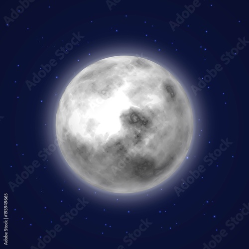 Planet moon background night sky cartoon style. Earth satellite with stars around. Celestial body. Vector illustration