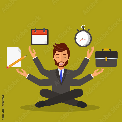 Human resource and self employment concept. Development and internet service. Multitasking and multi skill concept. Flat vector illustration