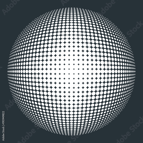 Abstract round 3d black sphere consisting of dots in form of halftone. Scientific and technical frame illustration. Flat cartoon illustration. Objects isolated on a white background.