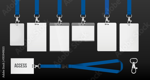 set of lanyards with labels of different formats. lanyards for access control, security or identification. Illustration of lanyards with metal closure. example in blue color.