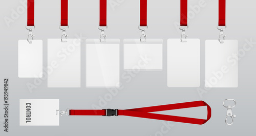set of lanyards with labels of different formats. lanyards for access control, security or identification. Illustration of lanyards with metal closure.