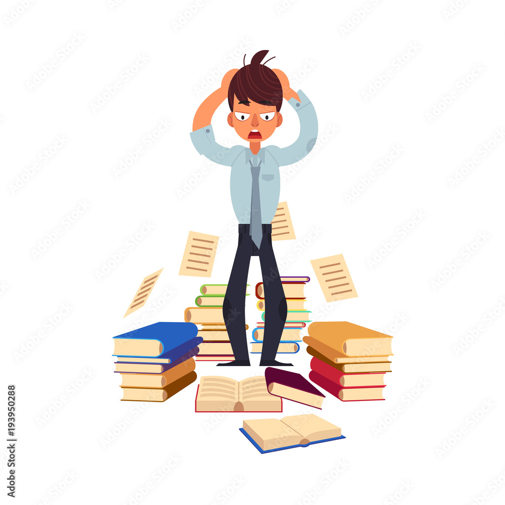 Vector flat exhausted tired shocked man student or worker standing holding hair with books pile at floor. Overwork or studying exams concept. Education and stress concept. Isolated illustration Vector flat exhausted tired shocked man student or worker standing holding hair with books pile at floor. Overwork or studying exams concept. Education and stress concept. Isolated illustration