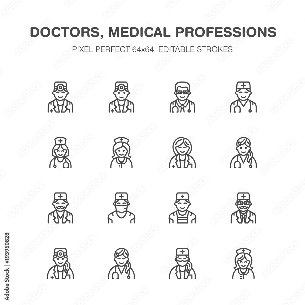 Doctors professions. Medical occupations - surgeon, cardiologist, dentist therapist, physician, nurse intern. Hospital clinic outline signs Pixel perfect 64x64.