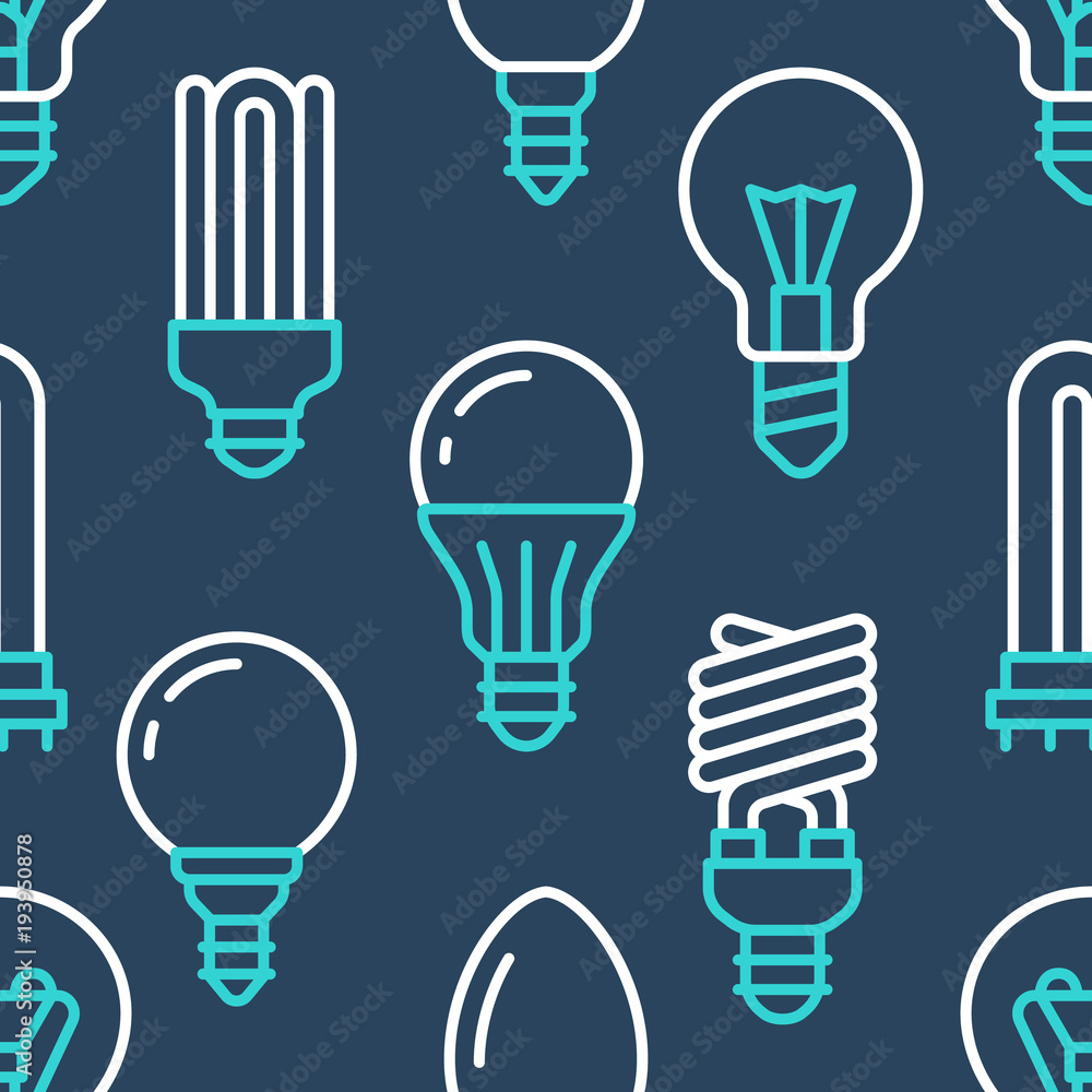 Light bulbs seamless pattern with flat line icons. Led lamps types, fluorescent, filament, halogen, diode and other illumination. Modern dark blue background with linear signs for electric store. Light bulbs seamless pattern with flat line icons. Led lamps types, fluorescent, filament, halogen, diode and other illumination. Modern dark blue background with linear signs for electric store.