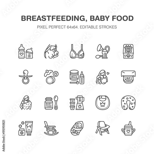 Breastfeeding, baby food vector flat line icons. Breast feeding elements - pump, woman, child, powdered milk, bottle sterilizer, nursing pillow. Maternity. Pixel perfect 64x64.