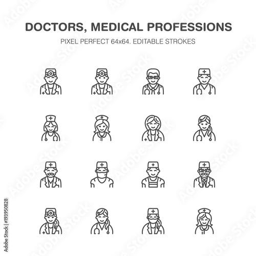 Doctors professions. Medical occupations - surgeon, cardiologist, dentist therapist, physician, nurse intern. Hospital clinic outline signs Pixel perfect 64x64.