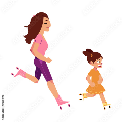 Vector flat girl teen kid, child and adult woman roller skating in summer clothing. Active lifestyle female character, having fun doing sport. Isolated illustration, white background.