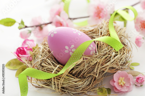 easter eggs in bird's nest and cherry blossom flowers on white background