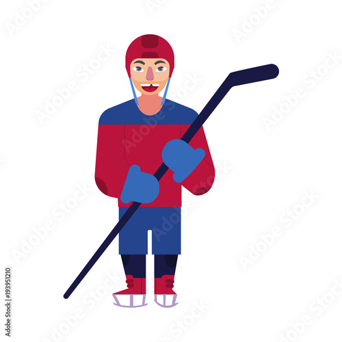 Vector flat young man in protective uniform, helmet standing holding ice hockey stick smiling. Active lifestyle male character doing sport. Isolated background illustration