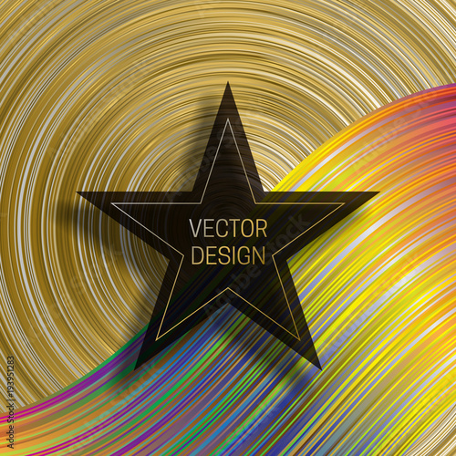 Five-pointed star frame on dynamic colorful background. Trendy holographic packaging design or cover template.