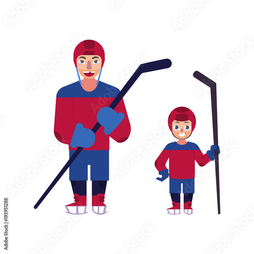 Vector flat young kid boy, adult father man family in protective uniform helmet standing holding ice hockey stick smiling. Active lifestyle male character doing sport. Isolated background illustration