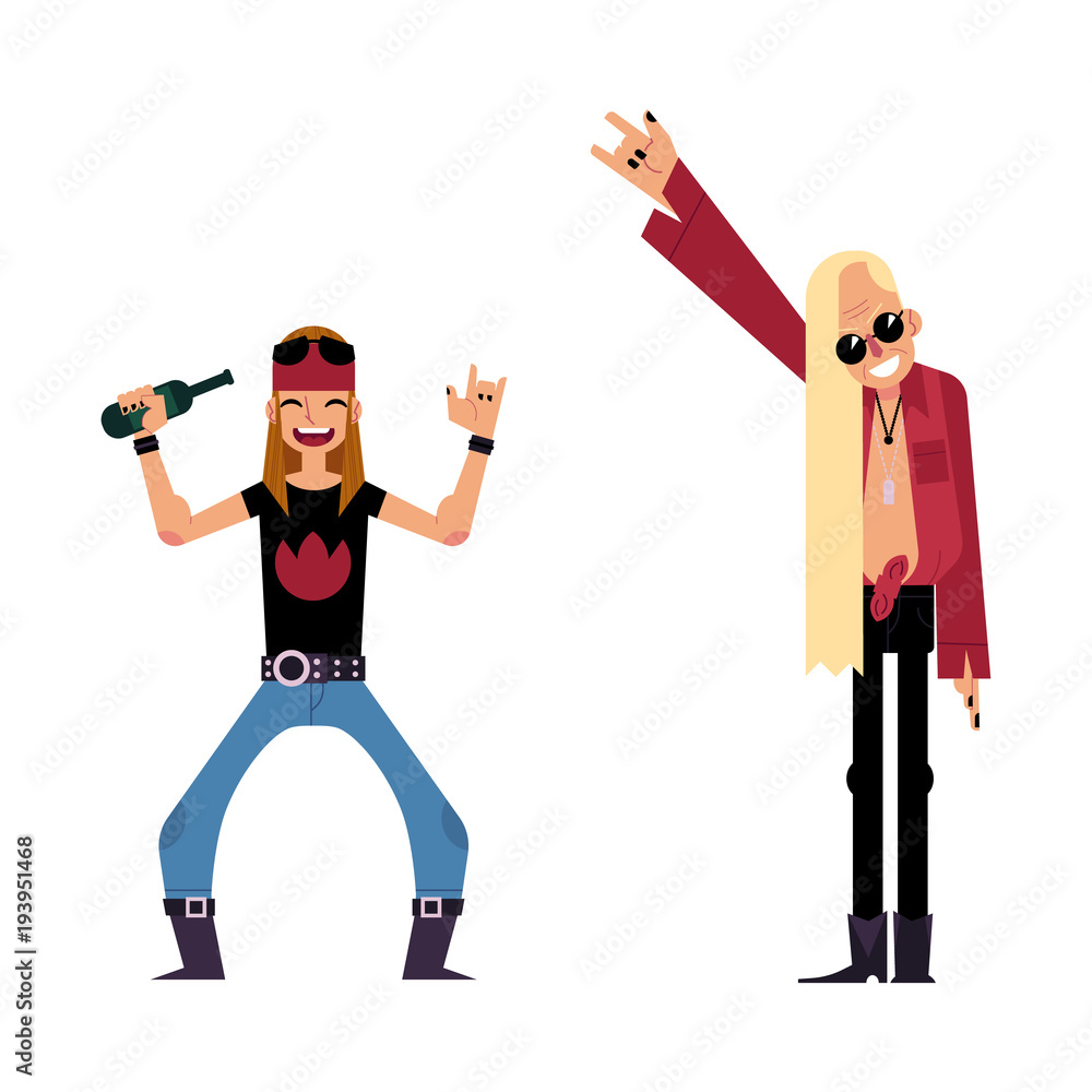 Vector flat rock music, culture people, alternative punk heavy metal style  clothing, haircut young man drinking beer, old man with long hair showing  rock sign. Isolated illustration, white background Stock Vector |