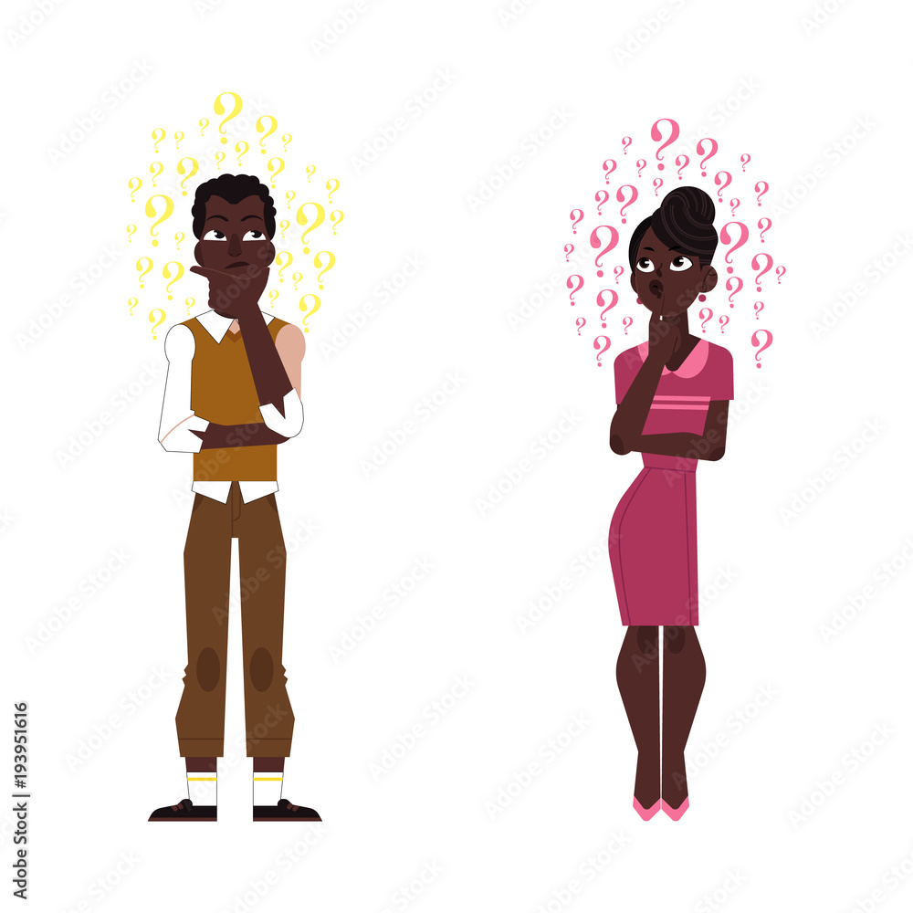 Vector cartoon adult african black man, beautiful woman standing in thoughtful pose holding his chin thinking with questions above head portrait . Isolated illustration on a white background Vector cartoon adult african black man, beautiful woman standing in thoughtful pose holding his chin thinking with questions above head portrait . Isolated illustration on a white background