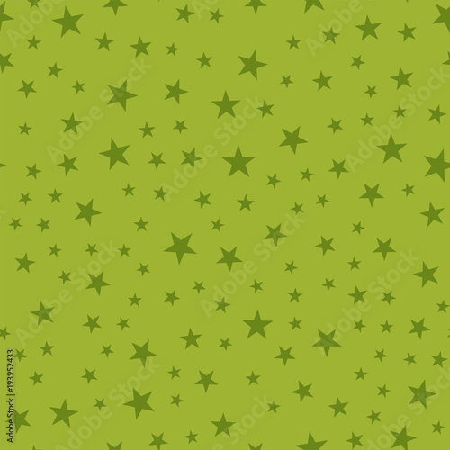Olive stars seamless pattern on green background. Fantastic endless random scattered olive stars festive pattern. Modern creative chaotic decor. Vector abstract illustration.