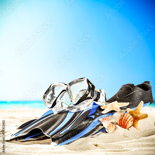 Summer fins on sand and free space for your decoration 