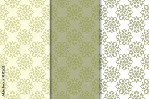 Set of olive green floral backgrounds. Seamless patterns