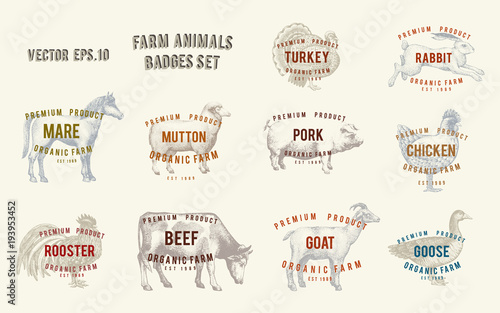 Labels with farm animals. Set templates price tags for shops and markets of organic food. Vector illustration art. Vintage. Hand drawn animals