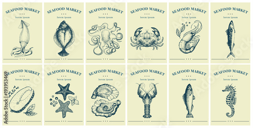 Fotografiet Labels with seafood and fishes