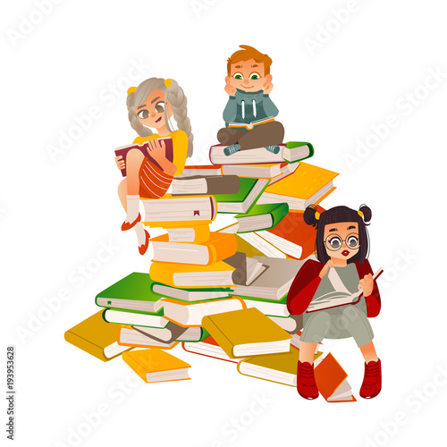 Vector flat small boys, girls male female school kindergarten characters sitting at big book pile reading textbook smiling. Preschool child student education literature concept. Isolated illustration