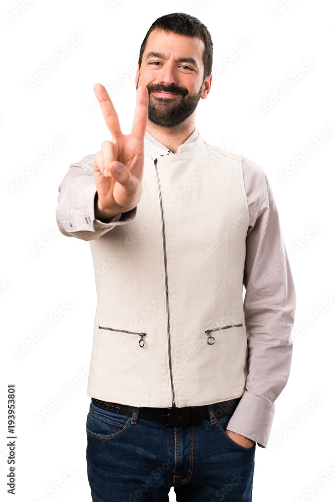 Handsome man with vest counting two on isolated white background Handsome man with vest counting two on isolated white background