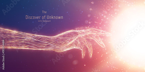 Vector illustration of hand touch glowing sphere. Concept of discovery of unknown, shining knowledge. Digital cyber sense of discovery. Touching something new.