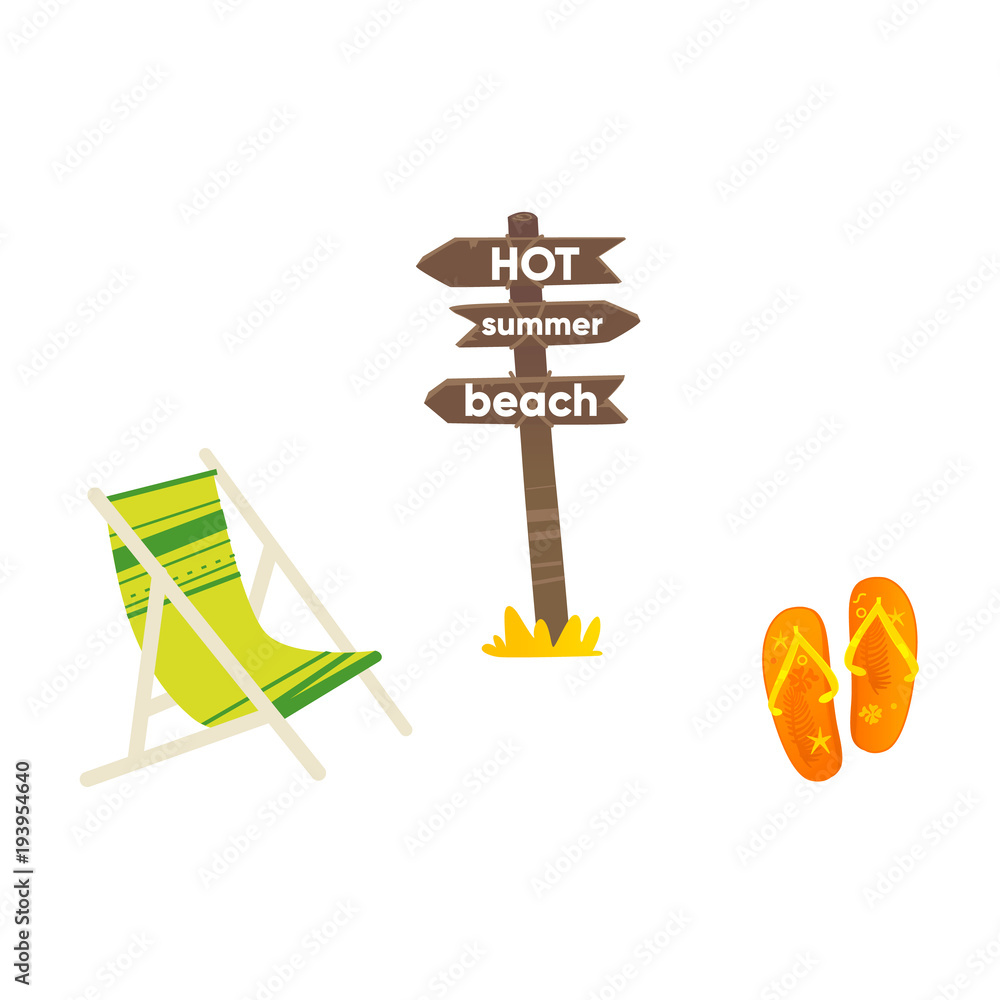 Vector flat travelling, beach vacation symbols icon set. Summer holiday rest elements - sun lounger, orange flip flop slippers, wooden direction pointer. Isolated illustration, white background