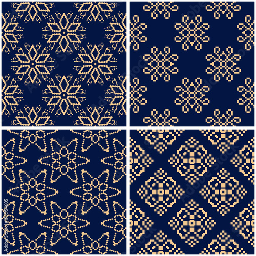 Floral patterns. Set of golden blue seamless backgrounds