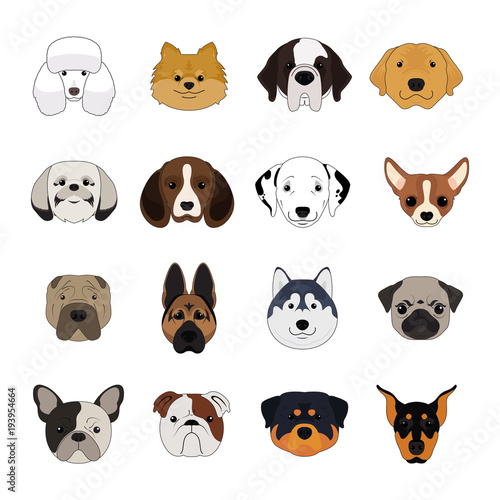 Set of Dog and Puppy Cartoon Face Isolated Vector