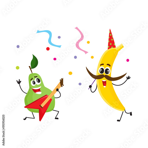 Vector flat fruit characters summer party set. Banana in party hat, mustache pear rockstar playing electric guitar singing song. Summer vacation, Isolated illustration, white background