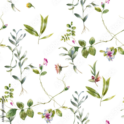 Watercolor painting of leaf and flowers, seamless pattern on white background